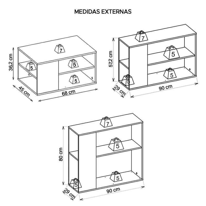 Conjunto Kit Sala De Estar Mesas E Aparador Opala Preto