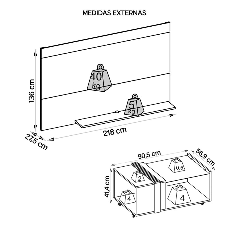 Conjunto Sala De Estar Painel Para TV Com Mesa Malha Caemmun