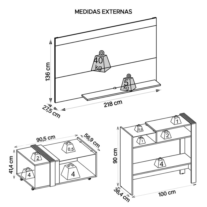 Conjunto Sala De Estar Painel Mesa Aparador Malha Caemmun