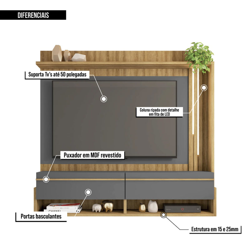 Painel Para TV Até 60 Polegadas Vivenda Cinza Caemmun