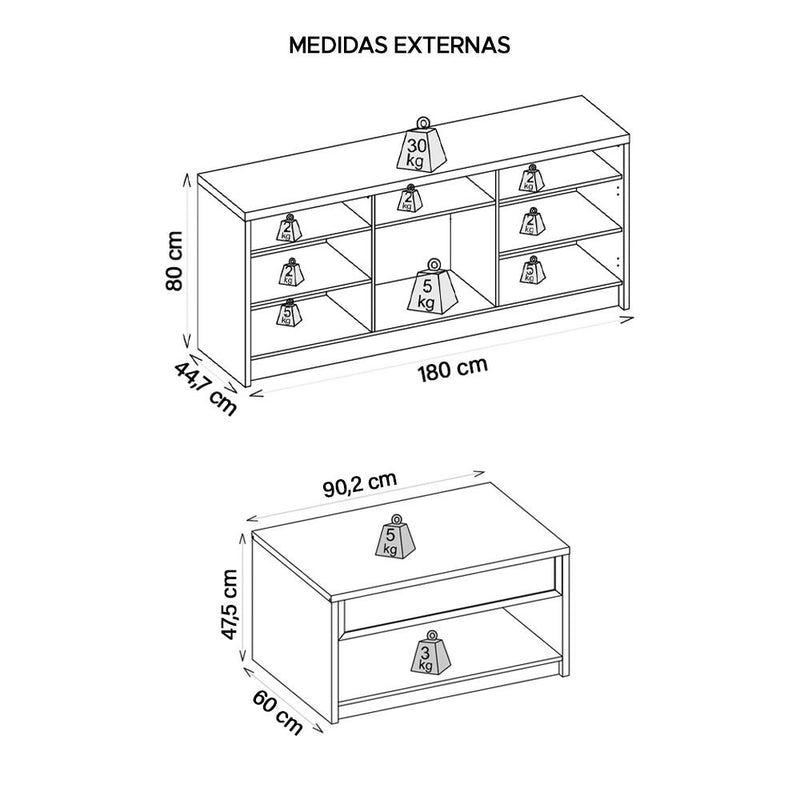 Kit Conjunto Sala de Estar Buffet Mesa Vectro Caemmun