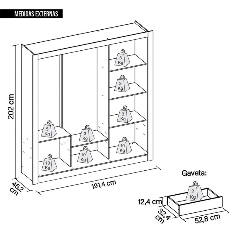 Guarda Roupa 3 Portas 4 Gavetas Marrom Espelho Glass Caemmun