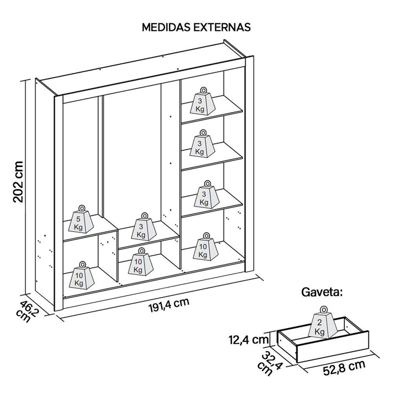 Guarda Roupa 3 Portas E 2 Gavetas Marrom New Glass Caemmun