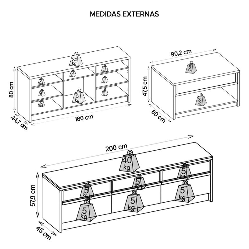 Kit Conjunto Sala Estar Bancada Buffet Mesa Vectro Caemmun