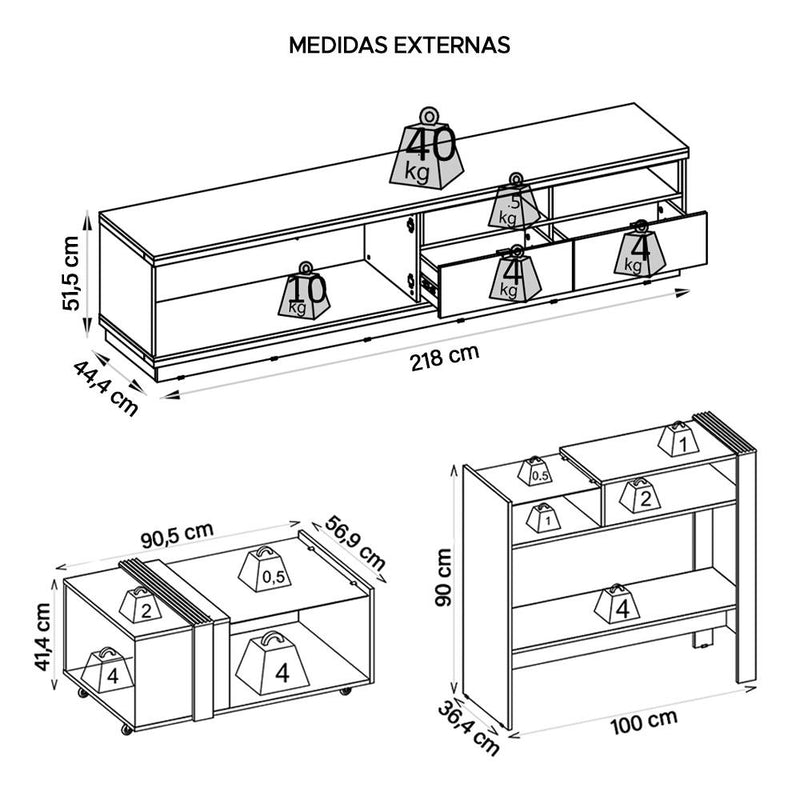 Conjunto Sala De Estar Kit Rack Aparador Mesa Renda Caemmun