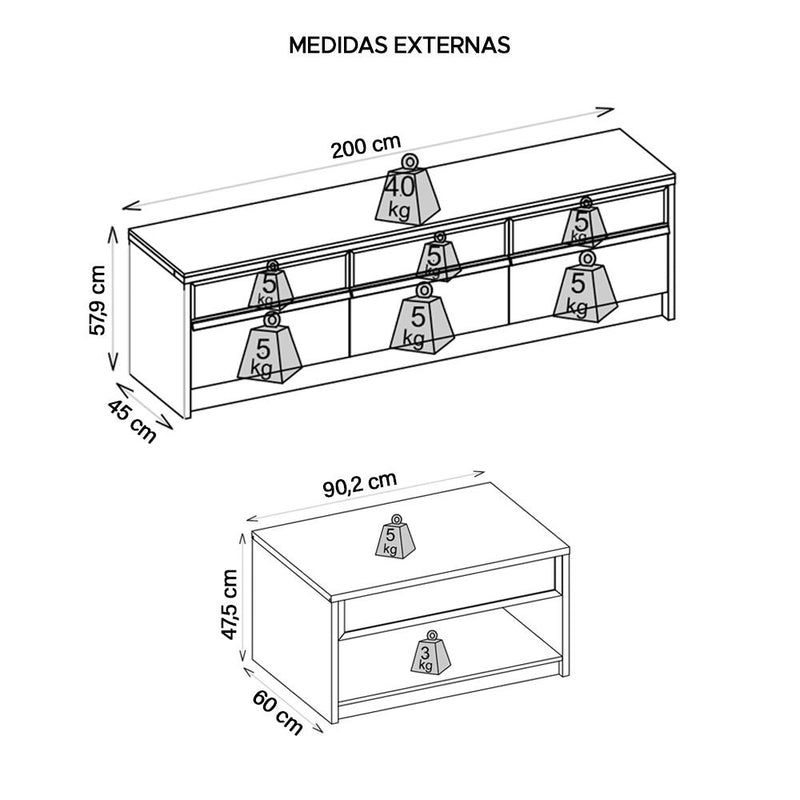 Kit Conjunto Sala de Estar Rack Bancada Mesa Vectro Caemmun