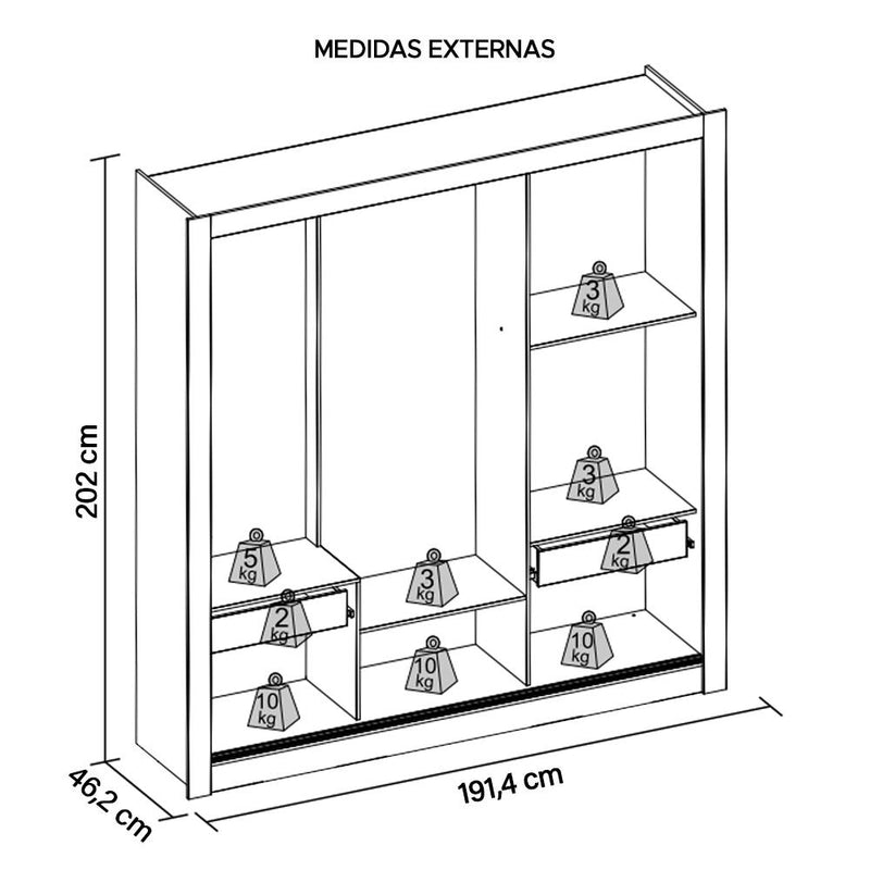 Guarda Roupa 3 Portas 4 Gavetas Espelho Glass Marrom Caemmun