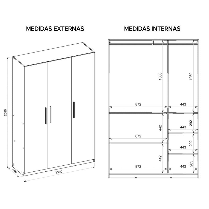 Guarda Roupa Roupeiro Casal 3 Portas Paris Branco Caemmun